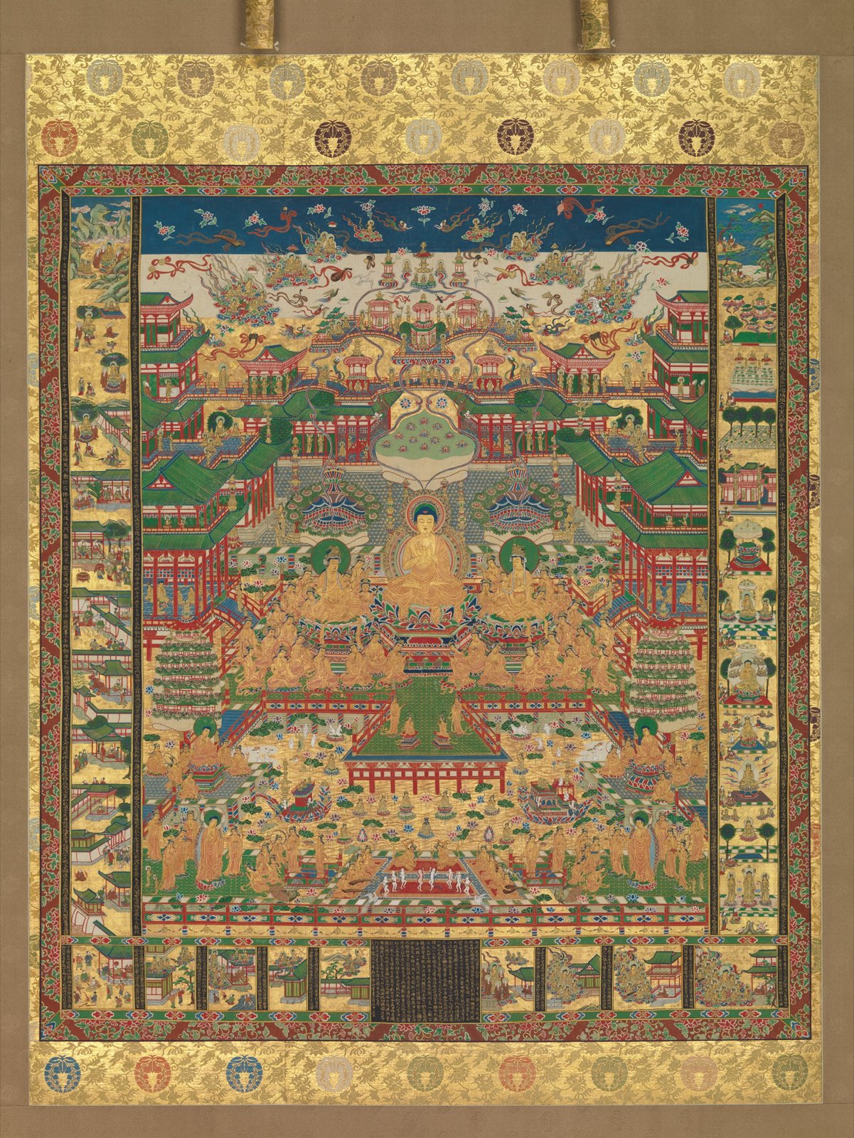 日本绘画中的阿弥陀佛净土，有宫殿、莲花及周围的叙事场景